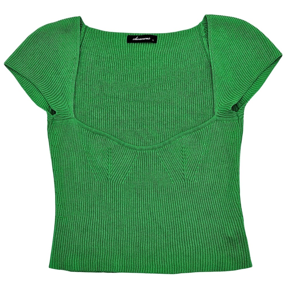 Olivaceous Green Ribbed Knit Sweetheart Neck Cap Sleeve Top JT22-92 Large